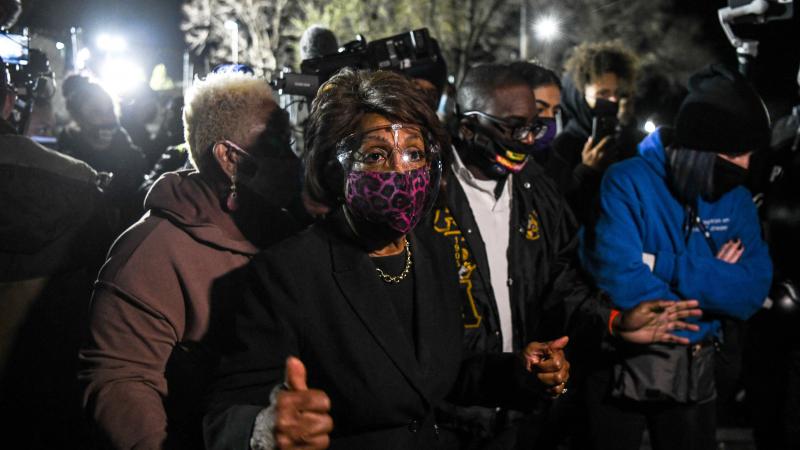 Representative Maxine Waters(C) (D-CA) speaks to the media during an ongoing protest at the Brooklyn Center Police Department in Brooklyn Centre, Minnesota on April 17, 2021.