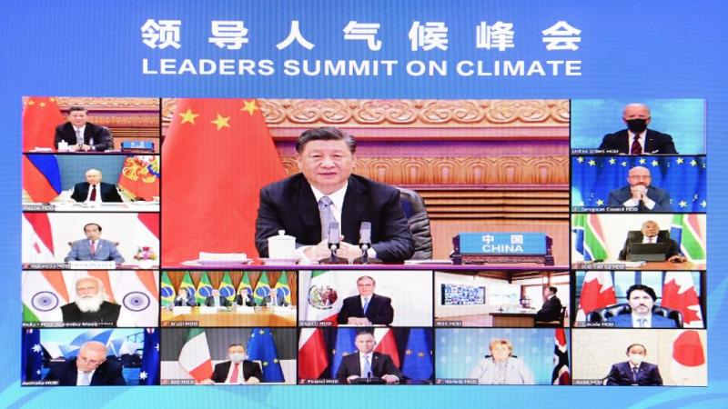 Chinese President Xi Jinping delivers speech at the Leaders Summit on Climate via video link. 