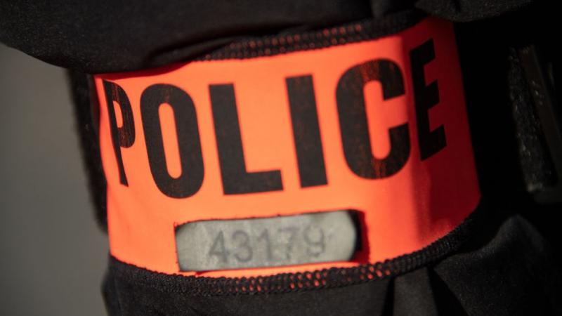 Police officer's armband seen in Rambouillet, southwest of Paris on April 23, 2021