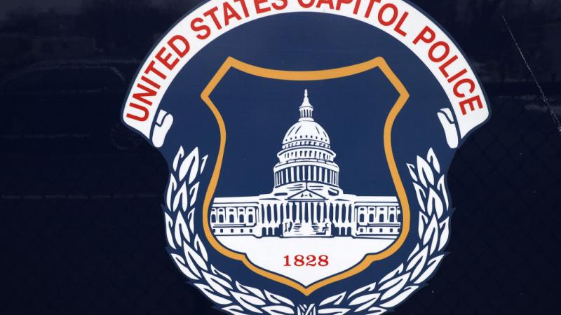 U.S. Capitol Police seal on side of bus in February 2021 in Washington DC
