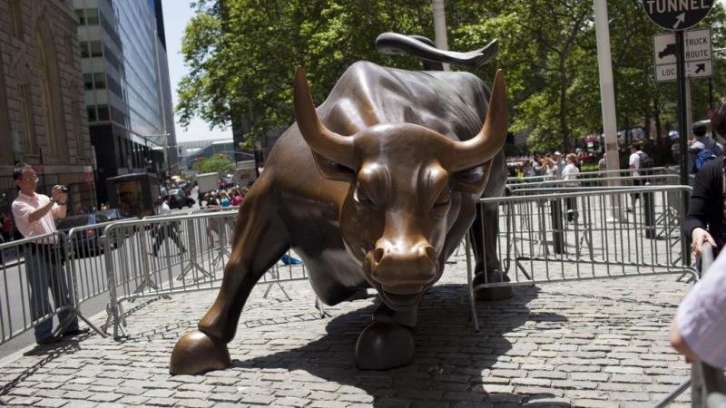 Tourists take pictures of Wall Street bull in New York City in 2012