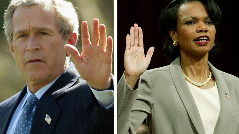  composite image of George W. Bush and Condoleezza Rice.