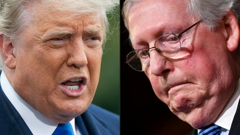 This combination of pictures created on February 16, 2021 shows US President Donald Trump in Washington, DC, October 27, 2020 and US Senate Majority Leader Mitch McConnell (R-KY)on Capitol Hill in Washington, DC on February 5, 2020.
