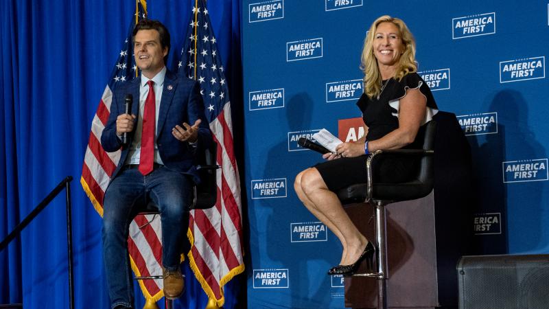 U.S. Rep. Marjorie Taylor Greene (R-GA) speaks at an America First Rally also attended by Rep. Matt Gaetz (R-FL) on May 27, 2021 in Dalton, Georgia.