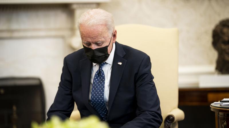 U.S. President Joe Biden pauses during a meeting with the leadership of the Congressional Hispanic Caucus in the Oval Office of the White House April 20, 2021 in Washington, DC.