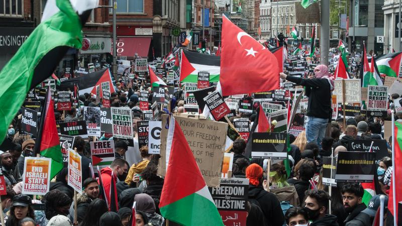 Protestors reach the israeli Embassy as tens of thousands of people join a protest march in solidarity with Palestine to the Israeli Embassy on May 15, 2021 in London, England.