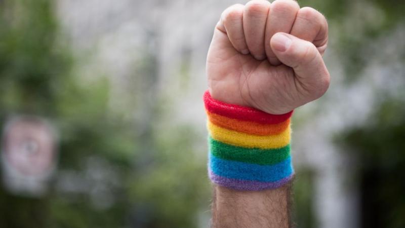 Man raises fist during San Francisco Pride parade in San Francisco in 2017