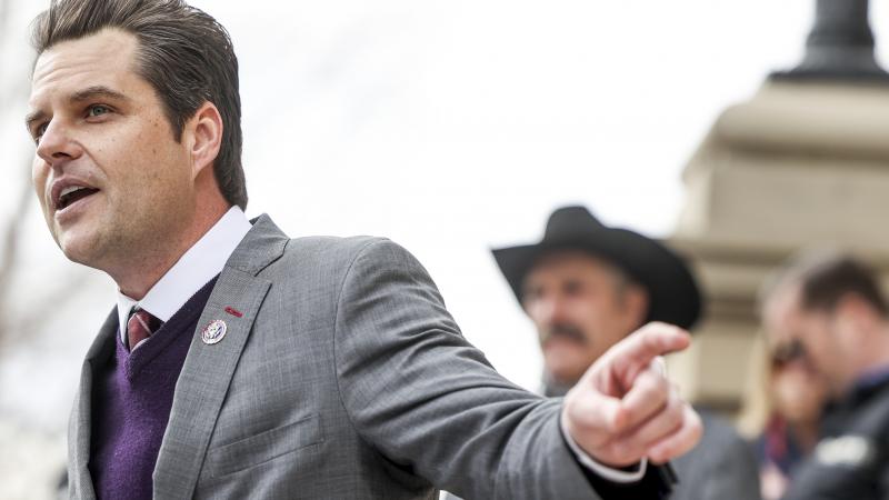 Rep. Matt Gaetz (R-FL) speaks to a crowd during a rally against Rep. Liz Cheney (R-WY) on January 28, 2021 in Cheyenne, Wyoming.