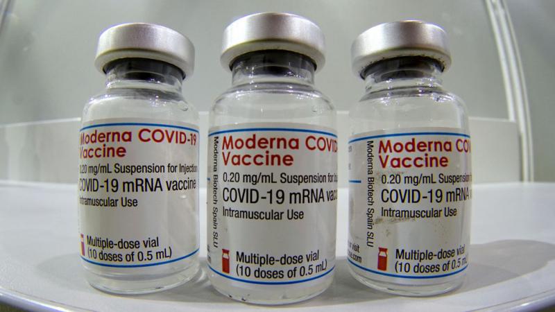Three vials of Moderna COVID-19 vaccine in Germany in February 2021