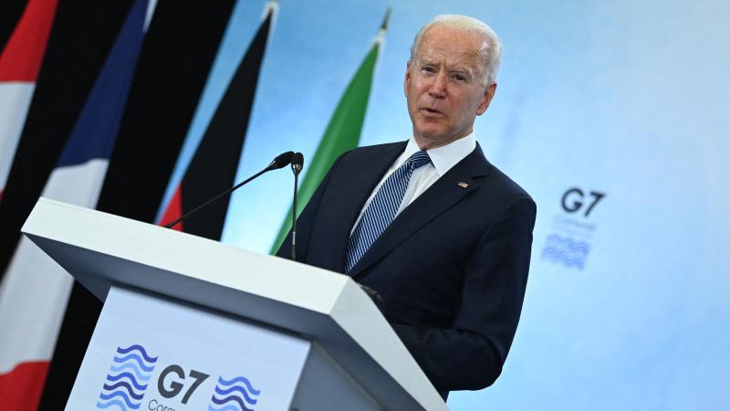 US President Joe Biden takes part in a press conference on the final day of the G7 summit at Cornwall Airport Newquay, near Newquay, Cornwall on June 13, 2021.
