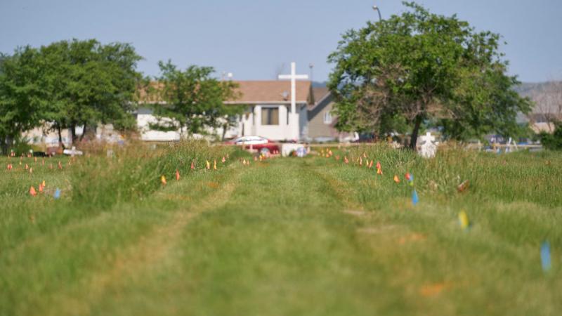 Markers signify locations of human remains at the former Marieval Indian Residential School in Saskatchewan,