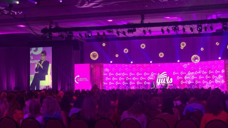Sarah Palin speaking at the Young Women's Summit on June 12.