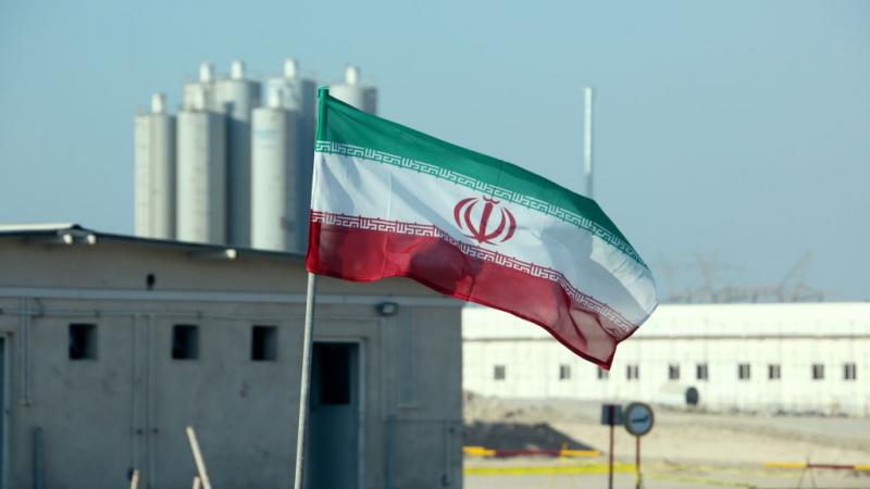 Iranian flag in Iran's Bushehr nuclear power plant.