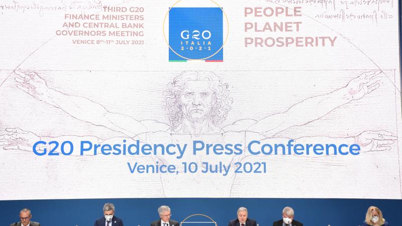 Italian Economy Minister, Daniele Franco (C-L) and Governor of the Bank of Italy, Ignazio Visco (C-R) hold a press conference following G20 Finance Ministers and Central Bank Governors meeting in Venice, Italy on July, 10 2021.
