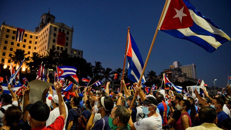Cubans participate in an act of revolutionary reaffirmation to support the government of President Miguel Diaz-Canel in Havana, on July 17, 2021.