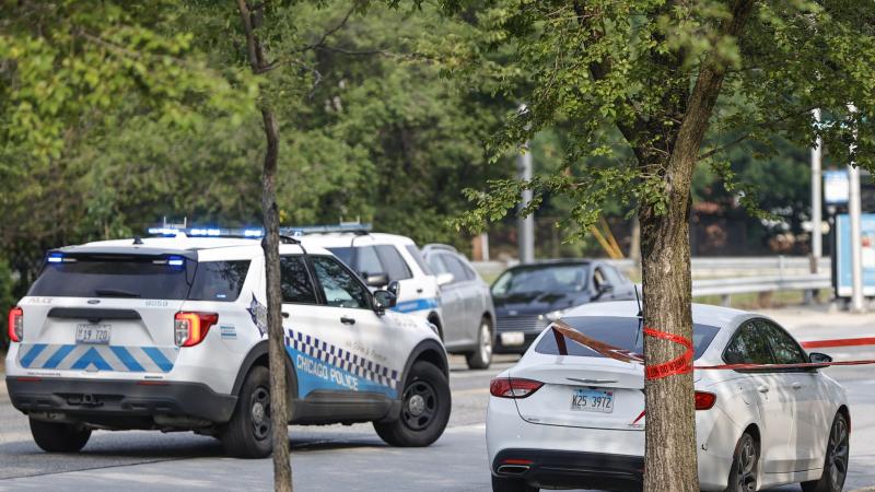 A car involved in a shooting sits outside Chicago Police Departments Morgan Park District station on July 7, 2021 in Chicago, Illinois.