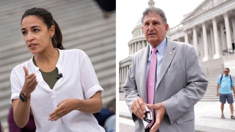 Rep. Alexandria Ocasio-Cortez speaks outside Capitol Building, alongside Sen. Joe Manchin