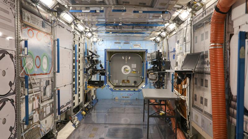 A mockup of the U.S. Destiny Laboratory at the International Space Station is seen inside the Space Vehicle Mockup Facility during a media preview for an upcoming public open house at NASA's Johnson Space Center on October 24, 2018 in Houston, Texas.