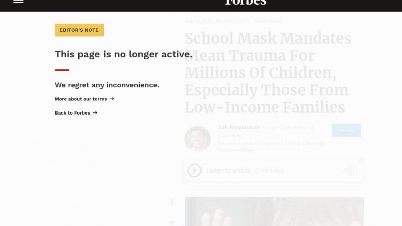U.S. Senate Democratic nominee Zak Ringelstein's Forbes essay against mask mandates disappeared this week