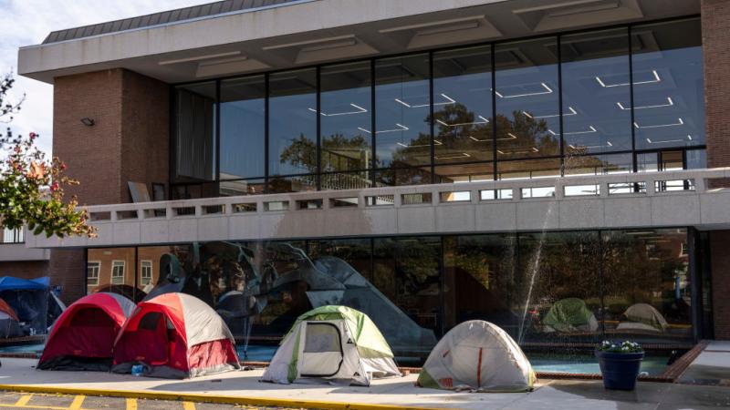 Tents are set up near the Blackburn University Center as students protest poor housing condition on the campus of at Howard University