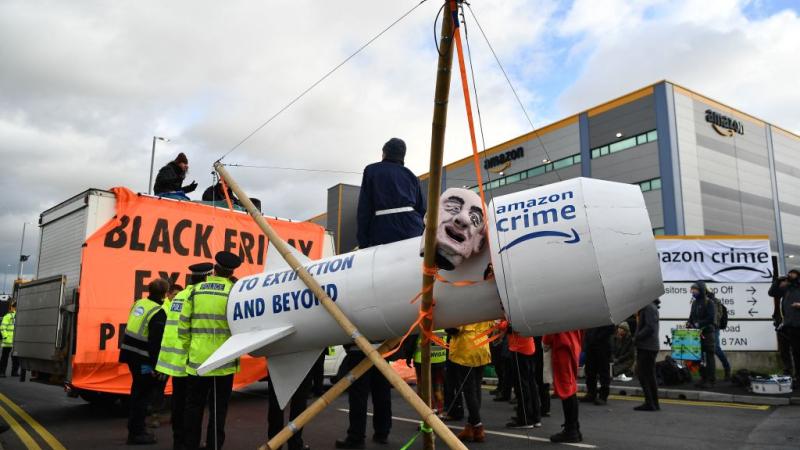 Protests outside of an Amazon distribution center near London, Nov. 26
