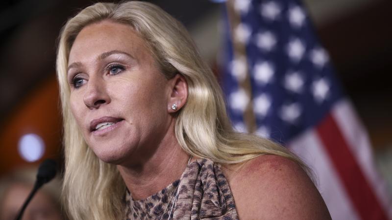 Rep. Marjorie Taylor Greene (R-GA) speaks at a news conference about the National Defense Authorization Bill at the U.S. Capitol on September 22, 2021 in Washington, DC.