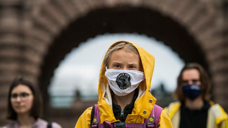 Swedish climate activist Greta Thunberg protests during a "Fridays for Future" protest in front of the Swedish Parliament Riksdagen in Stockholm on October 9, 2020. 