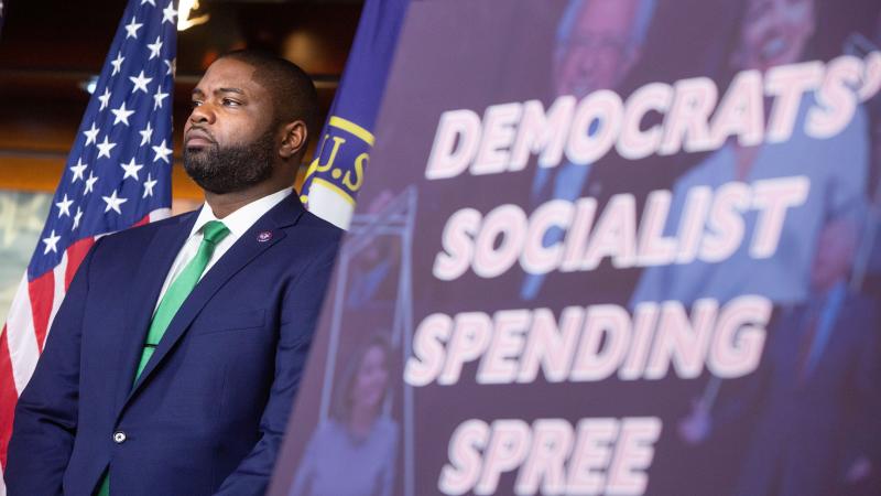 Rep. Byron Donalds (R-FL) and other House Republicans participate in a press conference to discuss the Democrats spending package at the U.S. Capitol on November 2, 2021, in Washington, DC.