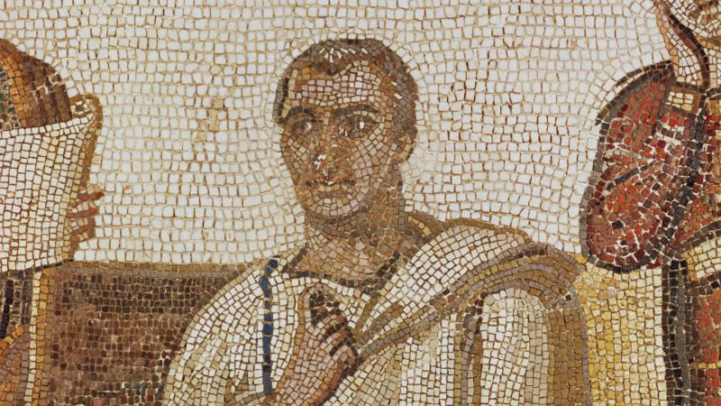 Virgil writing the Aeneid alongside Muses Clio and Melpomene. Originally found in Sousse, Tunisia