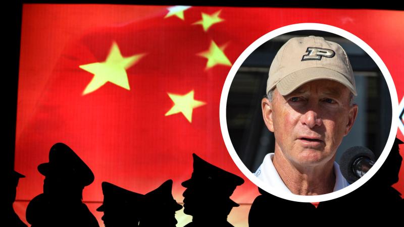 Chinese Guards with flag, Purdue President Mitch Daniels