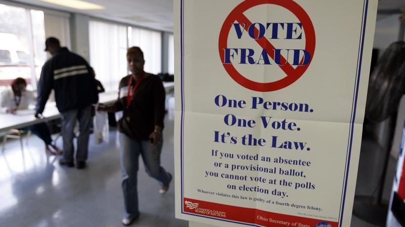 Voter fraud sign at Lupica Towers in Cleveland, Ohio, Nov. 4, 2008
