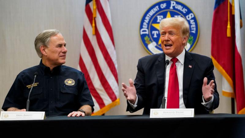  Texas Governor Greg Abbott and former President Donald J. Trump attend a security briefing with state officials and law enforcement at the Weslaco Department of Public Safety