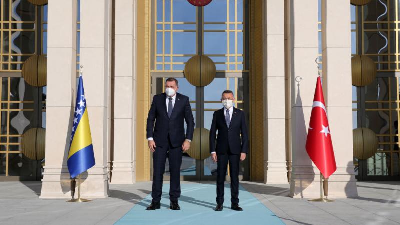 Turkish Vice President Fuat Oktay (R) meets Serbian member of the Bosnia and Herzegovina Presidential Council Milorad Dodik (L) in Ankara, Turkey