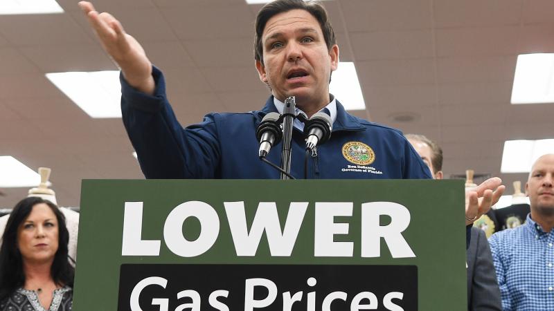 Florida Gov. Ron DeSantis speaks at a press conference at Buc-ee's travel center, where he announced his proposal of more than $1 billion in gas tax relief for Floridians in response to rising gas prices caused by inflation.