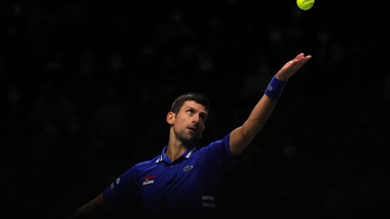 Novak Djokovic of Serbia competes against Marin Cilic of Croatia during the 2021 Davis Cup Finals semifinal between Croatia and Serbia in Madrid, Spain