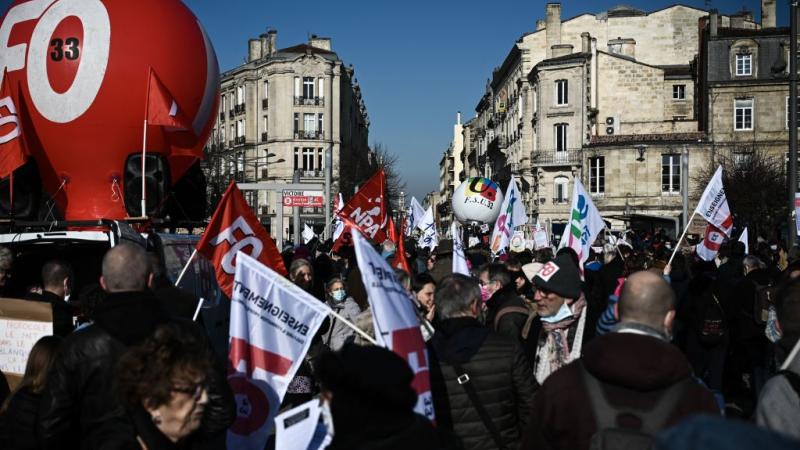Teachers and school personnel take part in a demonstration in Bordeaux, south-western France