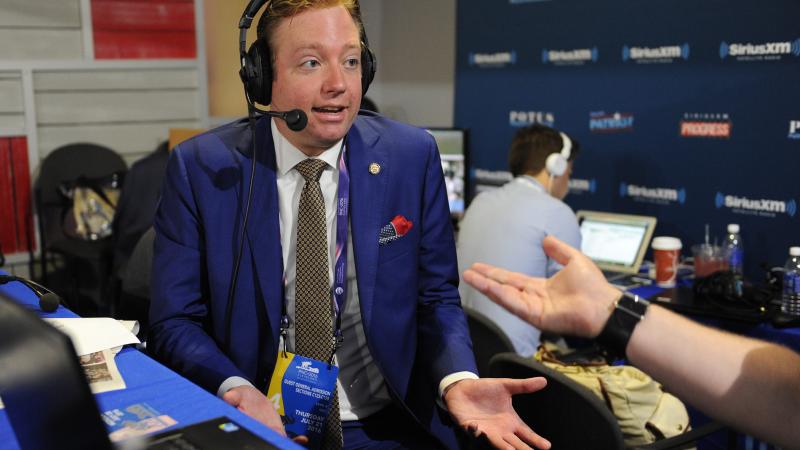President of Log Cabin Republicans Gregory Angelo talks with Andrew Wilkow during an episode of The Wilkow Majority on SiriusXM Patriot at Quicken Loans Arena on July 21, 2016 in Cleveland, Ohio.
