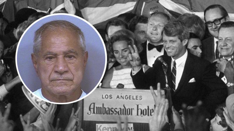 Robert F. Kennedy shortly before his assassination, 1968, insert: Sirhan Sirhan