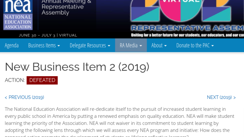 NEA 2019 resolution on "quality education" defeated