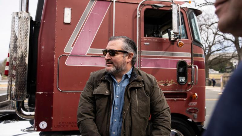 Sen. Ted Cruz (R-Texas) arrives with one truck from the Peoples Convoy at the U.S. Capitol