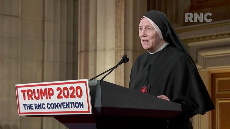 In this screenshot from the RNC’s livestream of the 2020 Republican National Convention, Sister Dede Byrne, surgeon, military veteran and member of the Little Workers of the Sacred Hearts of Jesus and Mary, addresses the virtual convention on August 26, 2020.