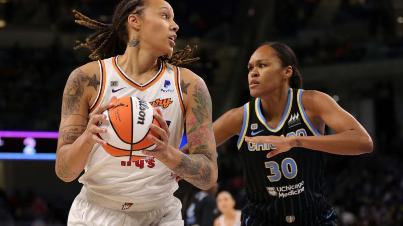 Brittney Griner #42 of the Phoenix Mercury is defended by Azurá Stevens #30 of the Chicago Sky during the first half of Game Four of the WNBA Finals at Wintrust Arena on October 17, 2021