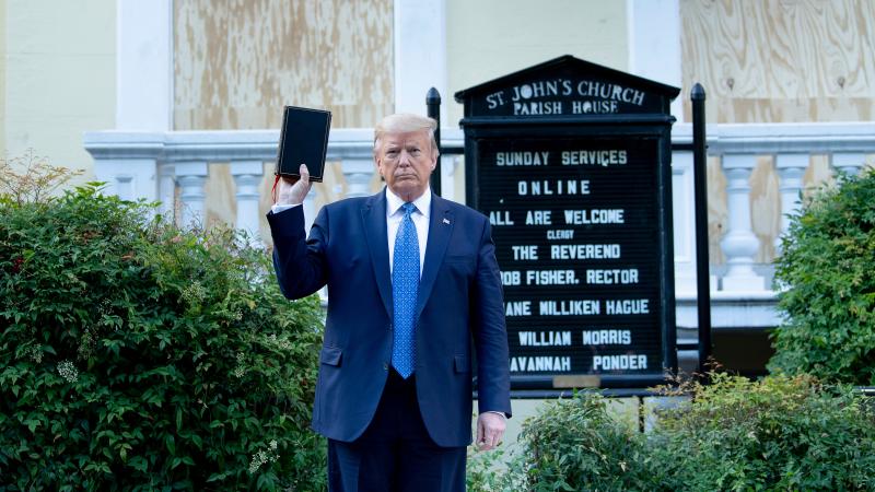 Donald Trump holds bible, St. John's Church, Washington, D.C., June 1, 2020