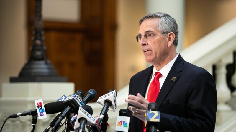 Georgia Secretary of State Brad Raffensperger holds a press conference on the status of ballot counting on November 6, 2020 in Atlanta, Georgia