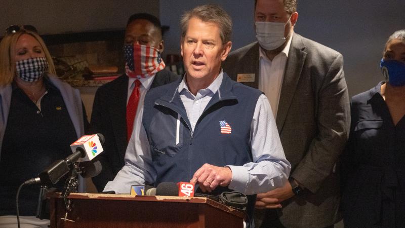 Georgia Gov. Brian Kemp speaks at a news conference about the state's new Election Integrity Law that passed this week at AJ’s Famous Seafood and Poboys on April 10, 2021 in Marietta, Georgia.
