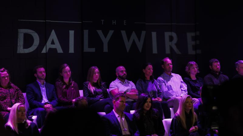 General view of The Daily Wire logo during a taping of "Candace" hosted by Candace Owens on January 11, 2022 in Nashville, Tennessee.