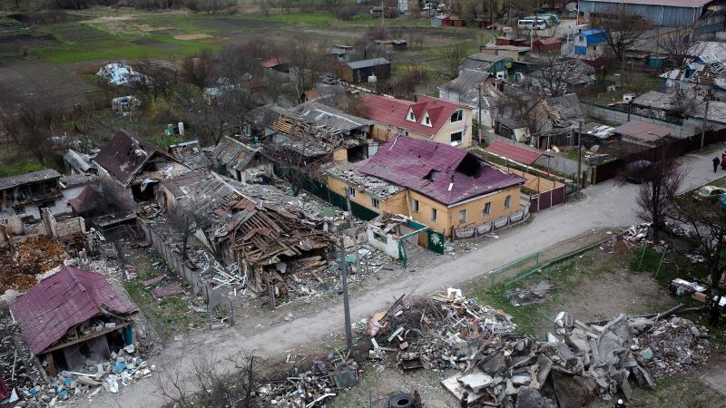 A view of a destroyed residential area on April 13, 2022 in Borodianka, Ukraine.