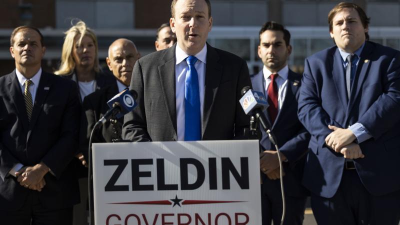 Rep. Lee Zeldin (R-N.Y.) is joined by elected officials as they demand the demand a repeal of the cashless bail law on Nov. 10, 2021 in Central Islip, N.Y.