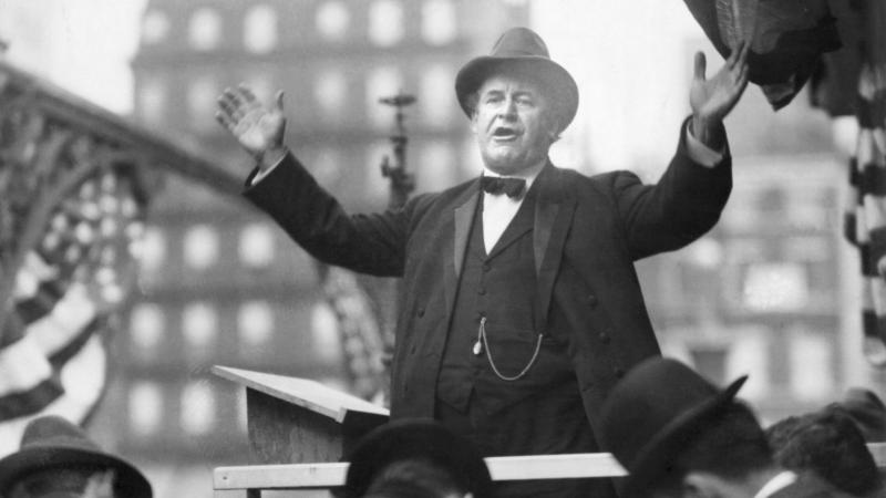 William Jennings Bryan; (1860-1925) Democratic Presidential nominee, well-known for his eloquent political oratory, delivering a campaign speech.