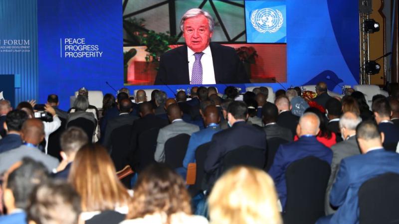 UN Secretary-General Antonio Guterres addresses the Aswan Forum for Sustainable Peace and Development in Cairo on June 21, 2022